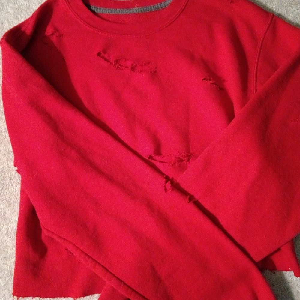 Red Ripped, Cropped, Crew Neck Sweatshirt